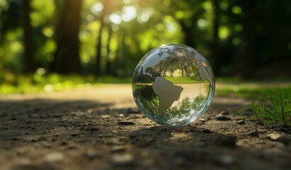 Glass Globe on Lush Green Grass &ndash; Symbol of Environmental Protection & Sustainability in a Sunlit Forest with Soft Shadows & Vibrant Foliage