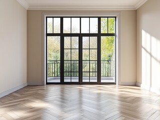 A large open room with a black door and a window. The room is empty and has a lot of natural light coming in