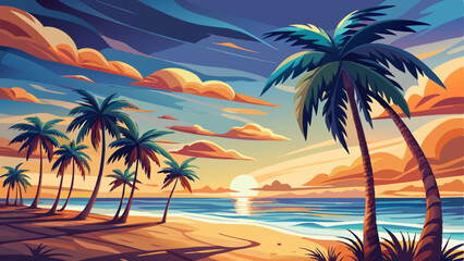 vector of row of majestic palm trees sways rhythmically under a vast sky, kissed by the gentle ocean breeze © koushkij