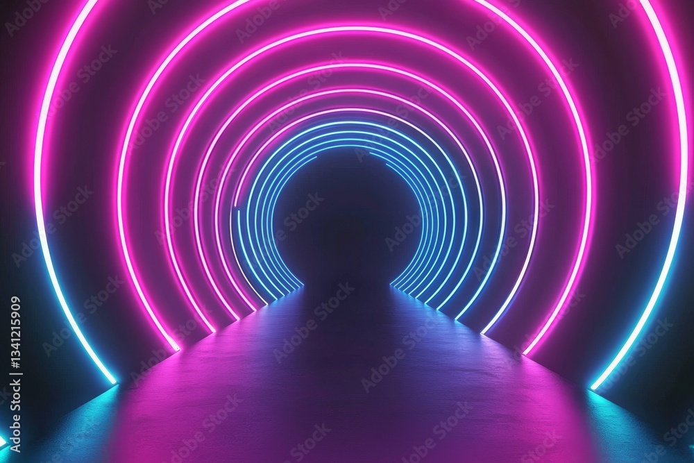 Poster an abstract, colorful neon tunnel vortex featuring dynamic light patterns and spiraling layers is re