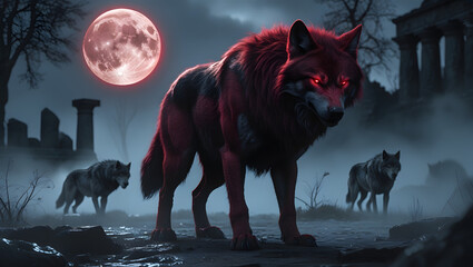 Under the Crimson Moon Wolves in a Mysterious Realm wolf red eyes