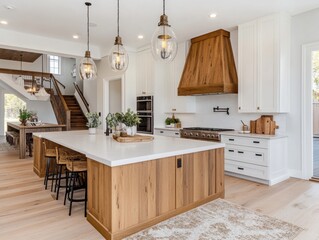 A large kitchen with a wooden island and a white stove. There are several potted plants in the room
