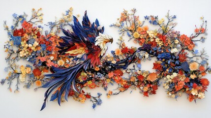 Abstract phoenix in floral arrangement on white background. Possible use for art, prints, wallpapers