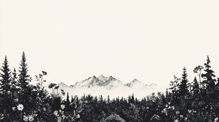 A pen drawing of a mountain range is set against the backdrop of a botanical garden, showcasing an artistic landscape sketch with detailed terrain illustration and mountain climbing art, all created