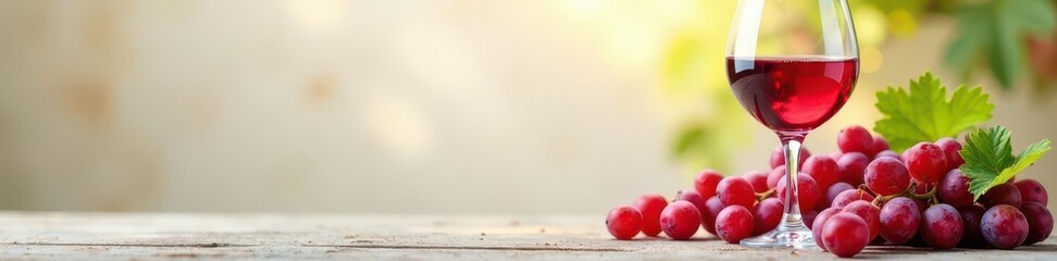 Red wine glass, grapes, leaves, light background, cozy, clean