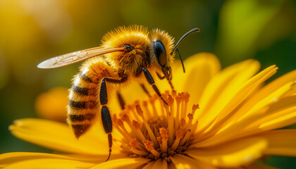 Bee collecting pollen from a vibrant yellow flower in sunny surroundings