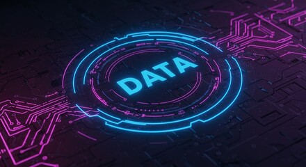 Obraz premium Data Visualization: Futuristic digital circuit board with a neon illuminated 