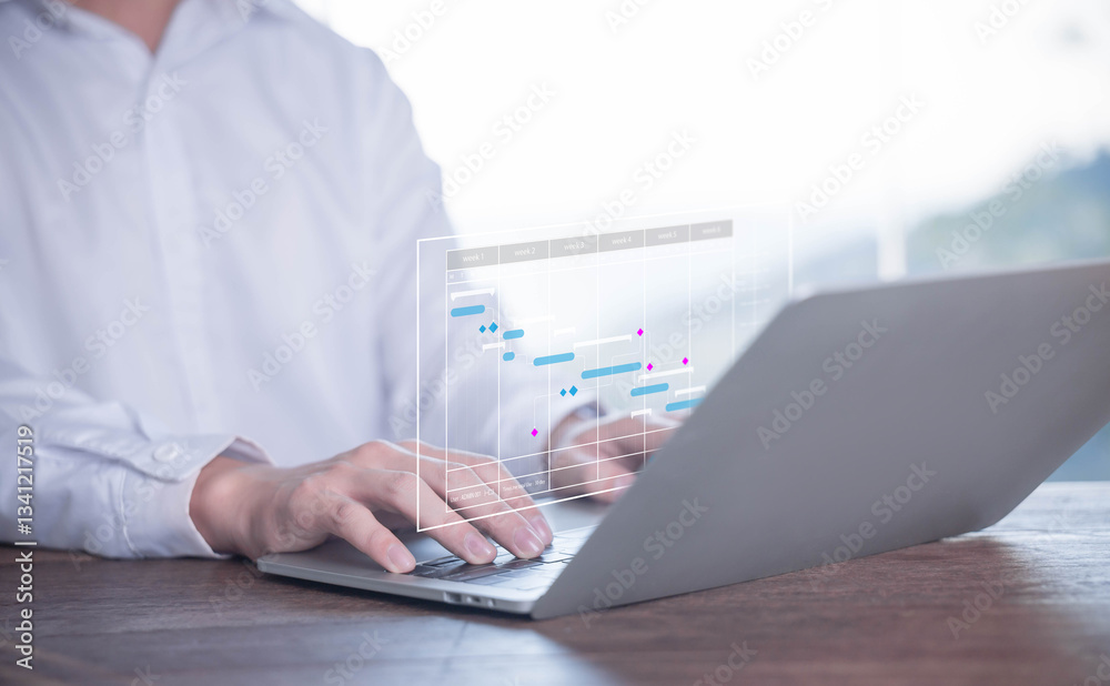 Poster milestones management shows a gantt timeline chart. concept of managing business project plans in so