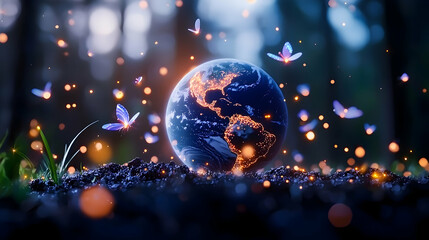 Glowing Earth with Fireflies and Butterflies at Night