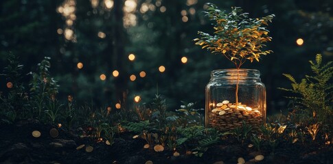 Fototapeta premium A symbolic image of a tree sprouting from coins in a container, signifying wealth and financial success