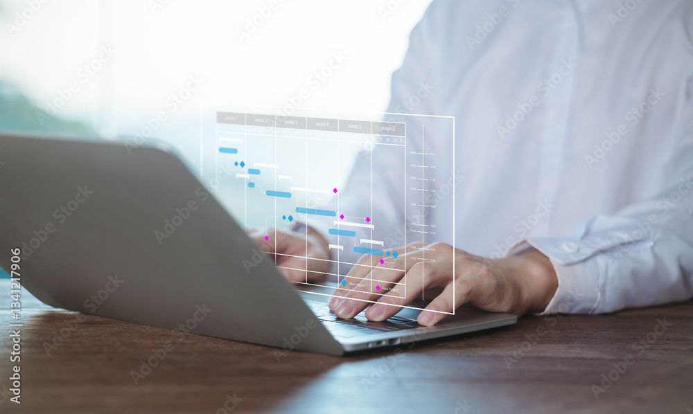 Poster milestones management shows a gantt timeline chart. concept of managing business project plans in so