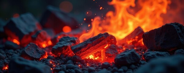 Glowing embers, fiery orange and red hues, intense heat , dark, hot coal