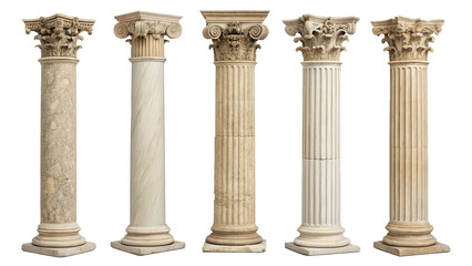 Four ancient architectural columns with different designs isolated on a white background showing classical style	