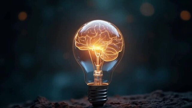 glowing light bulb Animation of the human brain with a light bulb, innovation, brainstorming, and genius idea concept.