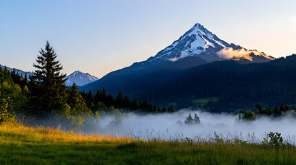Fototapeta premium Misty Mountain Landscape at Sunrise with Snow Capped Peaks