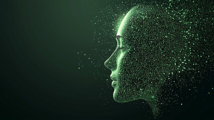 In a stock representation, the dissolution of a human face into binary code serves as a visual metaphor for the intersection of technology and identity in a futuristic world
