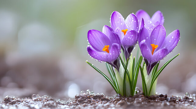 Springtime crocuses with vibrant hues and delicate water droplets, standing tall against a soft, blurred background. Suitable for floral posters, inspirational art, seasonal visuals. Selective focus