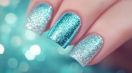 Closeup of sparkly teal and silver nail art on woman's hand