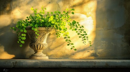 Sunlight on fern in antique urn on ledge