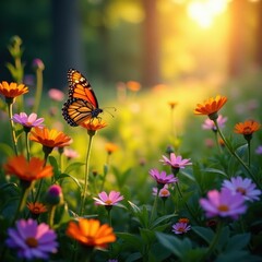 Golden hour light bathes vibrant wildflowers & butterflies, macro, spring