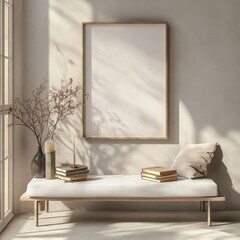 A white bench with a framed picture on it. The picture is white and has no picture. There are books on the bench