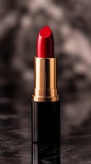 A close-up of a luxurious red lipstick in a sleek black and gold case, set against a blurred background, highlighting its vibrant color and elegant design.