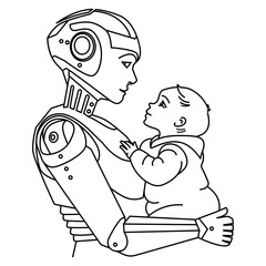 Futuristic Robot Holding a Baby, AI and Humanity Concept.Black and white line art of a humanoid robot holding a baby, symbolizing the connection between artificial intelligence and humanity.Vector