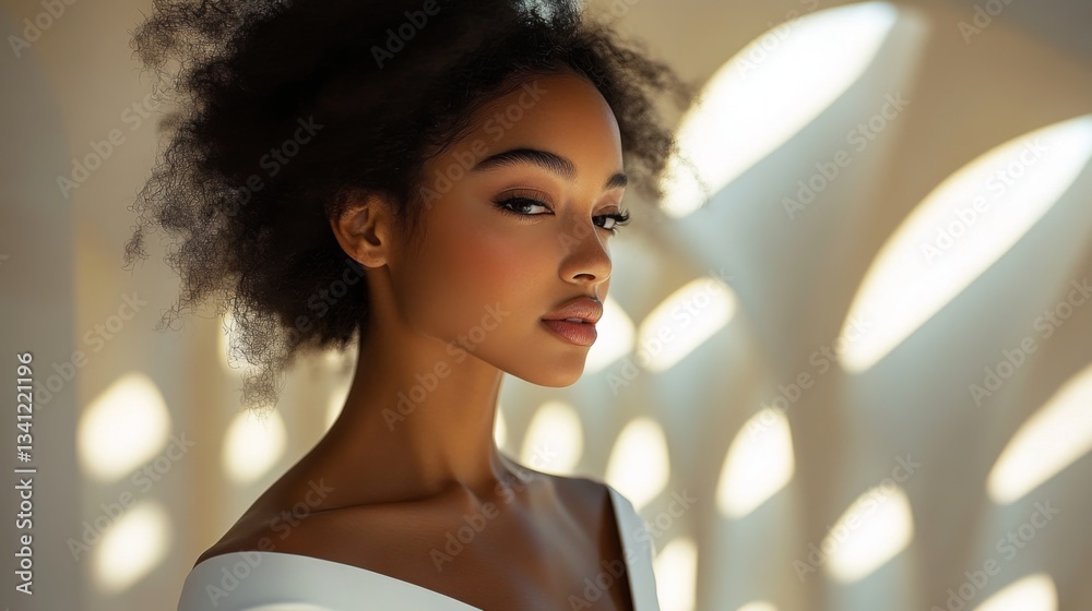 Poster a young woman poses gracefully with curly hair, framed by soft, diffused light filtering through an 
