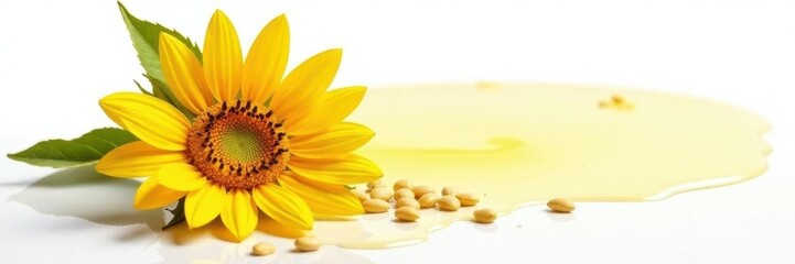 Naklejka premium Golden sunflower oil with seeds, white background, macro, healthy