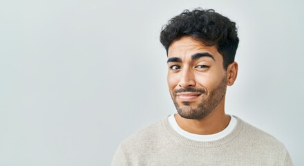 Obraz premium Young hispanic male with curly hair smiling and squinting against light gray background