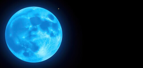 Full blue moon glowing intensely, single star twinkling in dark night sky, moon, beauty