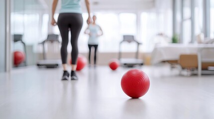 Obraz premium Early Detection Service Strength Design. Active individuals in a bright gym with exercise equipment and red balls.