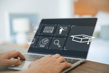 learn icon, online training on a laptop. concept of platform digital education, teaching course. curriculum learning online, business technology. a study from the webinar, Innovation Elearning 