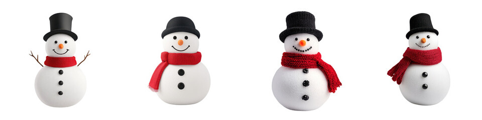 Cheerful snowman figures in traditional holiday attire including top hats and scarves for decorating during the winter season and Christmas