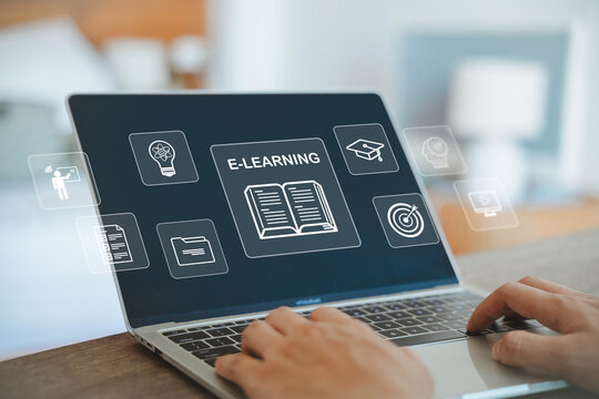 learn icon, online training on a laptop. concept of platform digital education, teaching course. curriculum learning online, business technology. a study from the webinar, Innovation Elearning 