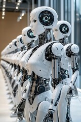 Fototapeta premium A row of humanoid robots with sleek designs and advanced technology, showcasing a futuristic aesthetic in a modern setting.