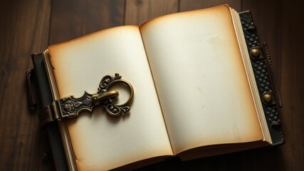 An antique leather-bound journal with ornate clasp, open to blank pages, rests on a wooden surface.