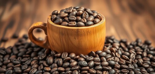 Fototapeta premium Rustic wooden cup overflowing with dark roasted coffee beans, coffee, texture