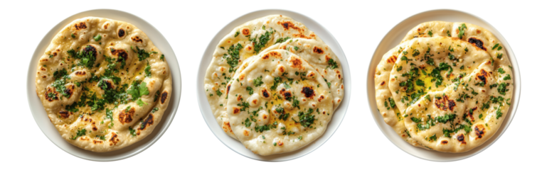 Traditional Indian Cuisine Garlic Naan on white plate, top view with transparent background