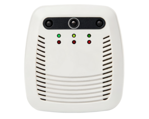 Compact air quality monitor with LED indicators on a transparent background