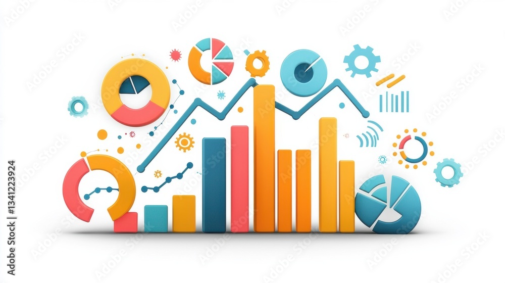 Poster colorful data visualization with charts and graphs in 3d style
