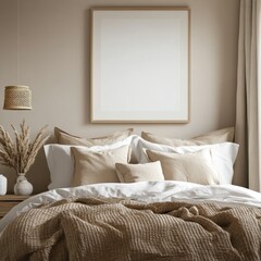 A bed with a white comforter and pillows. A framed white picture is on the wall