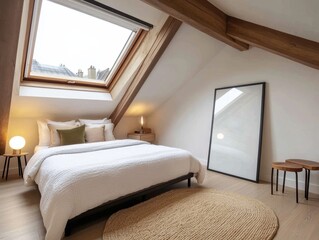 Fototapeta premium A large bed with a white comforter and pillows. A mirror is on the wall