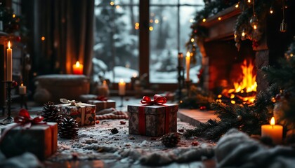 Obraz premium Christmas Gifts and Cozy Fireplace Scene with Winter Wonderland View