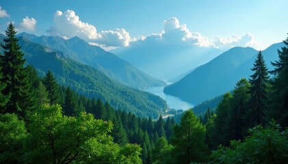 Obraz premium Lush green forest, majestic mountain backdrop, stone, image