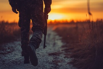 Silhouette of a soldier walking along a path at sunset.