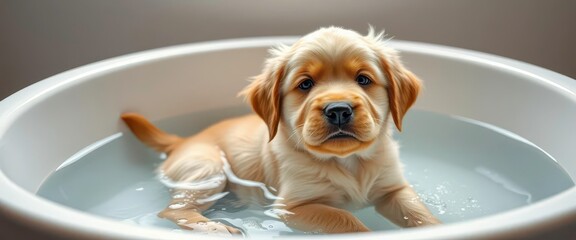 Adorable Golden Retriever puppy in a tub taking a bath, blonde, tub