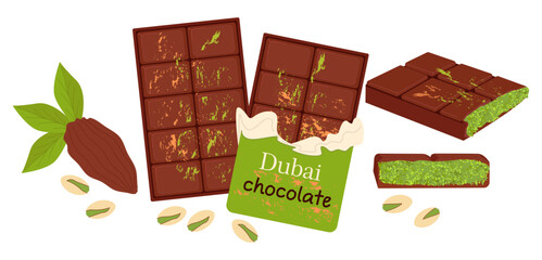 Dubai chocolate bar doodle set. Milk chocolate with pistachio filling and kataifi dough. Template for banner, packaging, postcard, website. Hand drawn illustration isolated on white background