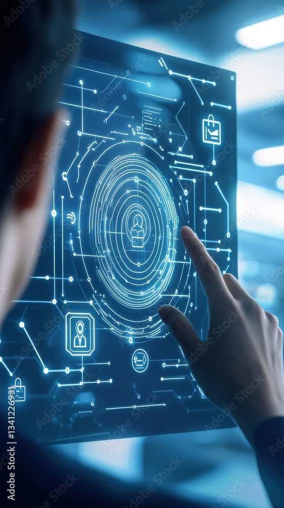 Poster futuristic user interface with hand touching digital display screen