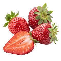 Fresh red strawberries with green leaves placed on a white background, one cut in half showing juicy texture	